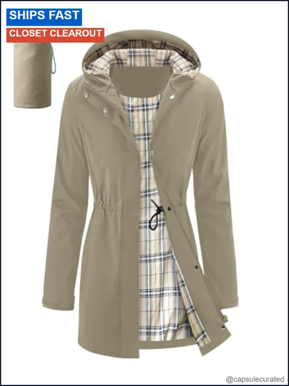 Women's Long Waterproof Packable Hooded Rain Jacket Trench Coat